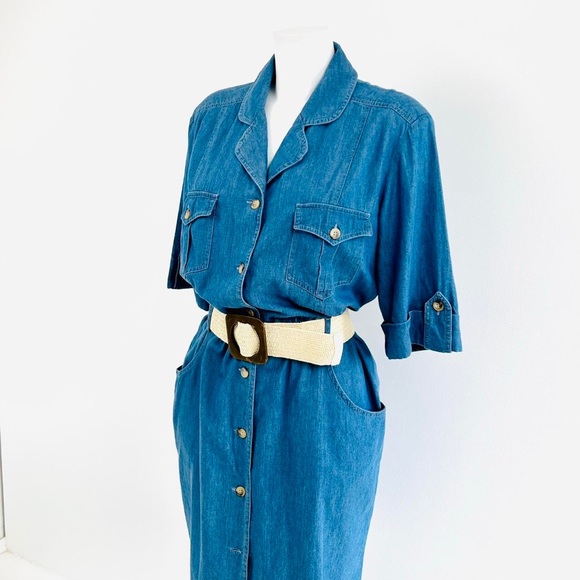 Vintage 80s 90s denim shirt dress UK 12 button up Knee length chambray cotton - Picture 6 of 7